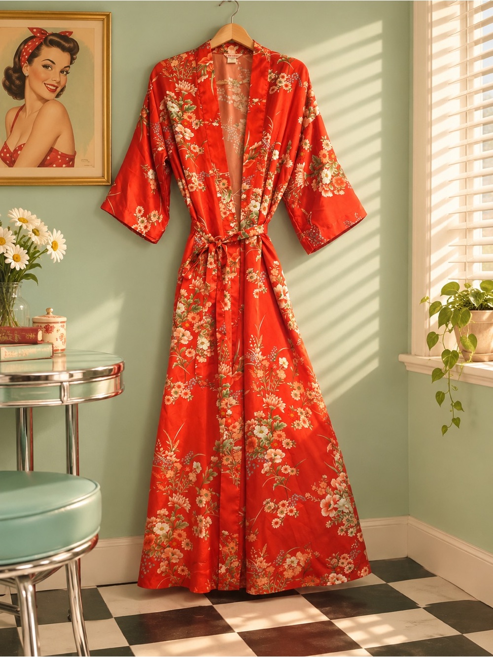 Floral Satin Kimono Robe in Red – Elegant Wrap Lounge Robe